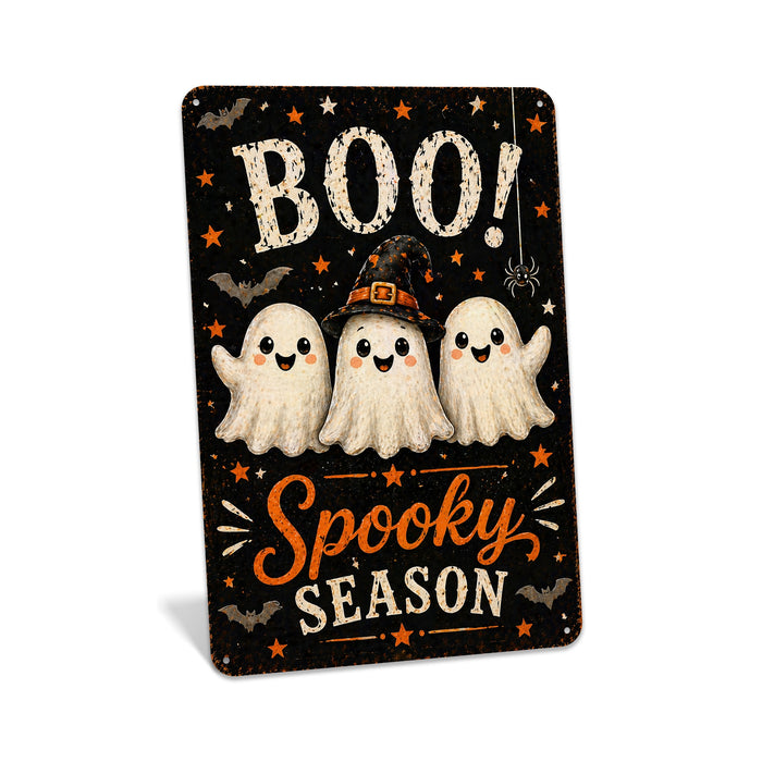 Boo Spooky Season Ghost Trio metal sign with kawaii halloween style — Boo Spooky Season Ghost Trio