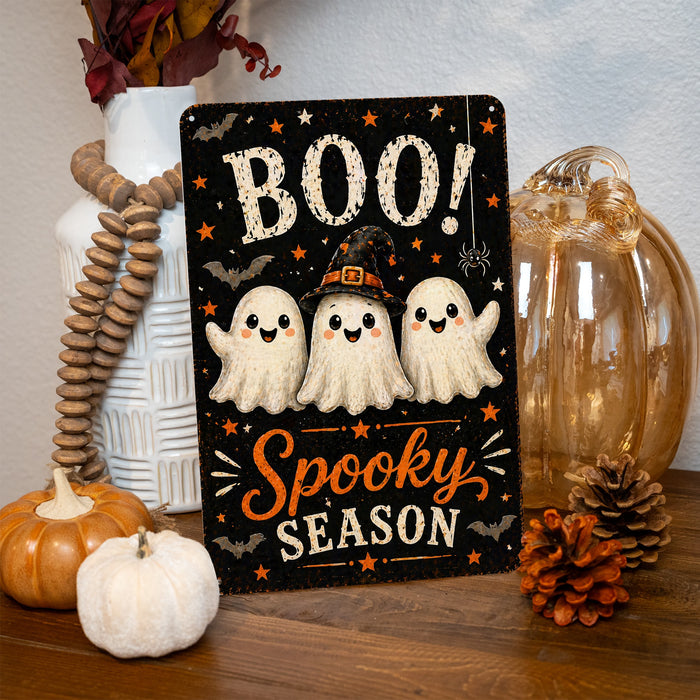 Boo Spooky Season Ghost Trio metal sign with kawaii halloween style — Boo Spooky Season Ghost Trio