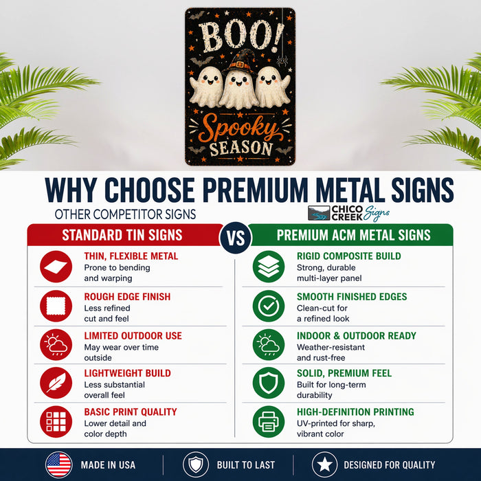Boo Spooky Season Ghost Trio metal sign with kawaii halloween style — Boo Spooky Season Ghost Trio