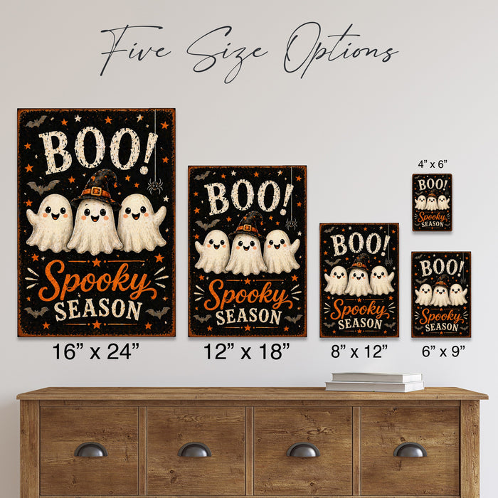 Boo Spooky Season Ghost Trio metal sign with kawaii halloween style — Boo Spooky Season Ghost Trio