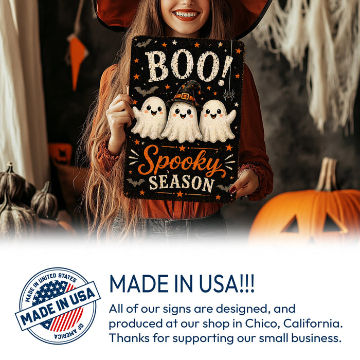 Boo Spooky Season Ghost Trio metal sign with kawaii halloween style — Boo Spooky Season Ghost Trio