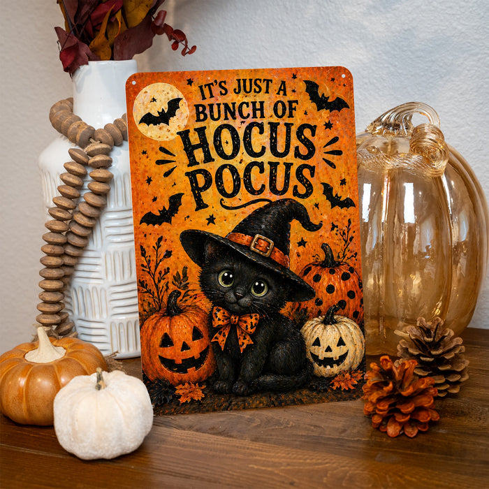 It's Just a Bunch of Hocus Pocus Black Cat metal sign with kawaii halloween style — It's Just a Bunch of Hocus Pocus Black