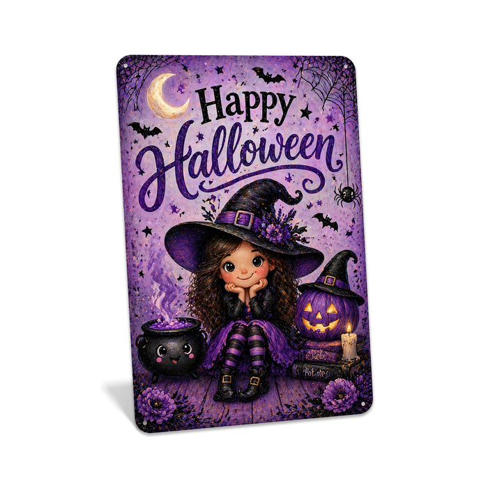 Happy Halloween Cute Witch Cauldron metal sign with kawaii halloween style — Happy Halloween Cute Witch Cauldron