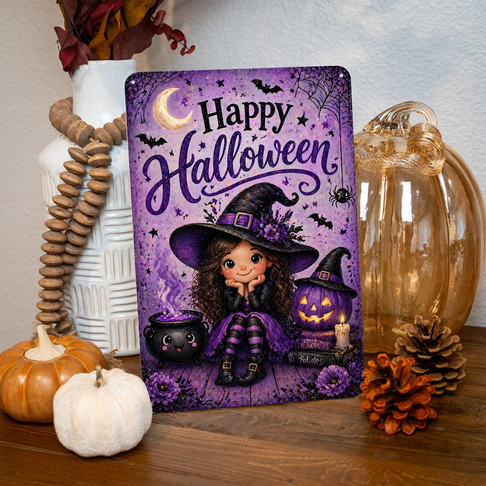 Happy Halloween Cute Witch Cauldron metal sign with kawaii halloween style — Happy Halloween Cute Witch Cauldron