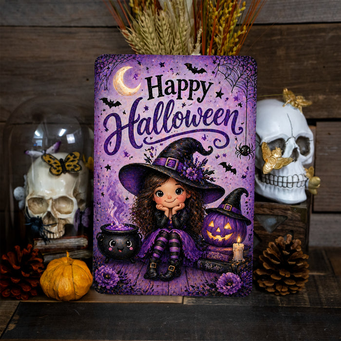 Happy Halloween Cute Witch Cauldron metal sign with kawaii halloween style — Happy Halloween Cute Witch Cauldron