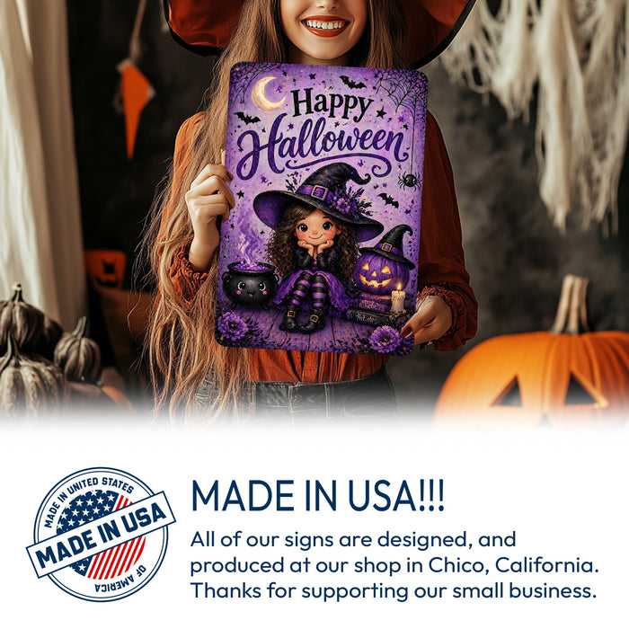 Happy Halloween Cute Witch Cauldron metal sign with kawaii halloween style — Happy Halloween Cute Witch Cauldron