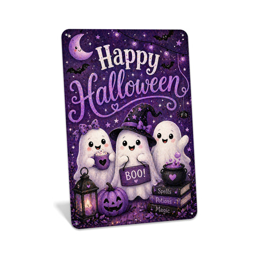 Happy Halloween Three Ghosts Boo metal sign with kawaii halloween style — Happy Halloween Three Ghosts Boo