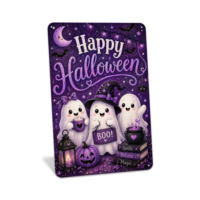 Happy Halloween Three Ghosts Boo metal sign with kawaii halloween style — Happy Halloween Three Ghosts Boo