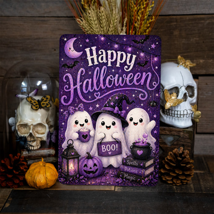 Happy Halloween Three Ghosts Boo metal sign with kawaii halloween style — Happy Halloween Three Ghosts Boo