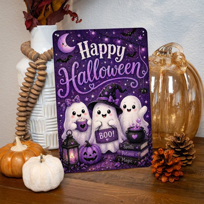 Happy Halloween Three Ghosts Boo metal sign with kawaii halloween style — Happy Halloween Three Ghosts Boo