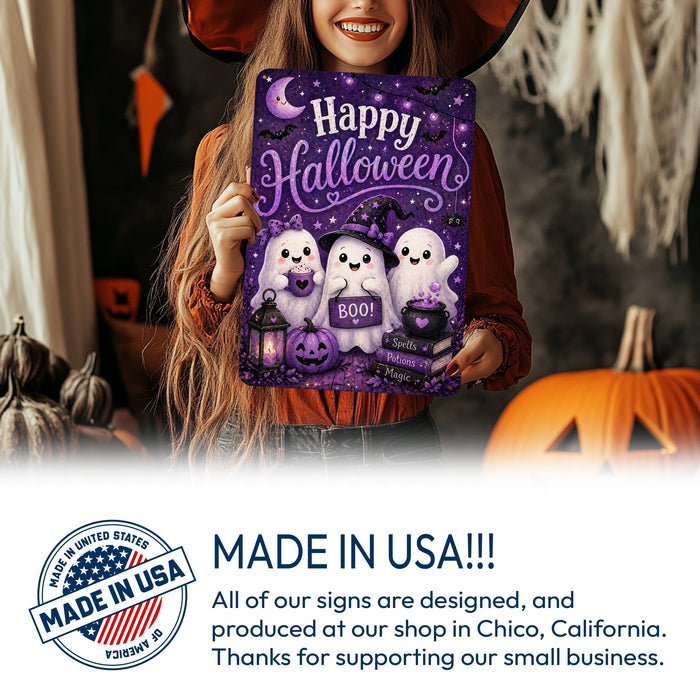 Happy Halloween Three Ghosts Boo metal sign with kawaii halloween style — Happy Halloween Three Ghosts Boo