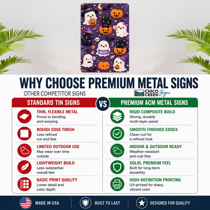 Happy Halloween Animals in Costumes metal sign with kawaii halloween style — Happy Halloween Animals in Costumes
