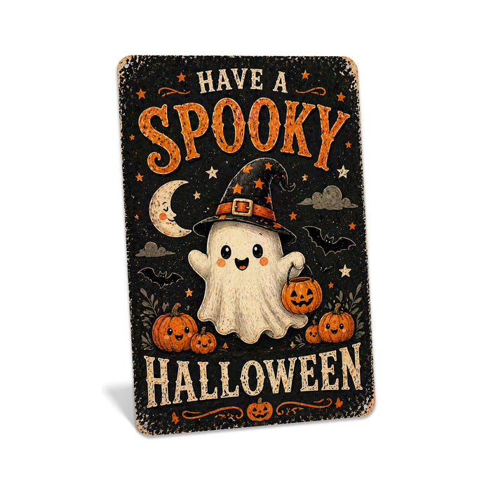 Kawaii Halloween Ghost Cat Pumpkin Sticker metal sign with kawaii halloween style — Kawaii Halloween Ghost Cat Pumpkin