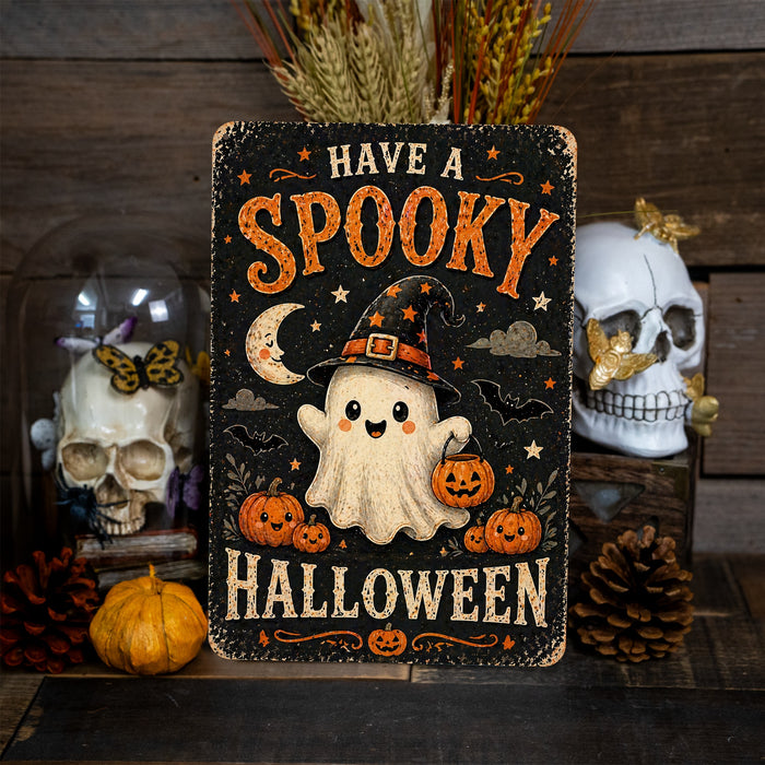 Kawaii Halloween Ghost Cat Pumpkin Sticker metal sign with kawaii halloween style — Kawaii Halloween Ghost Cat Pumpkin