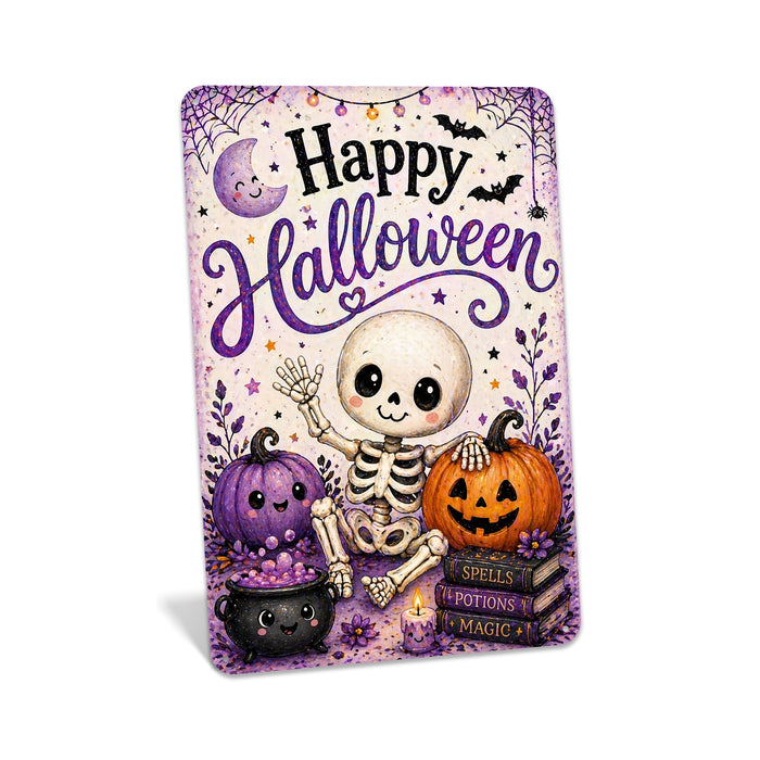 Happy Halloween Cute Skeleton Pumpkin metal sign with kawaii halloween style — Happy Halloween Cute Skeleton Pumpkin