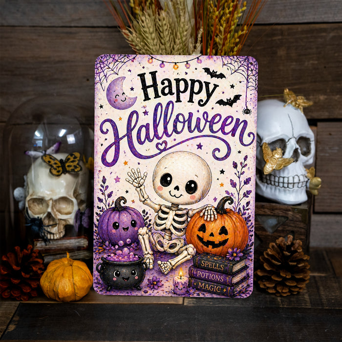 Happy Halloween Cute Skeleton Pumpkin metal sign with kawaii halloween style — Happy Halloween Cute Skeleton Pumpkin