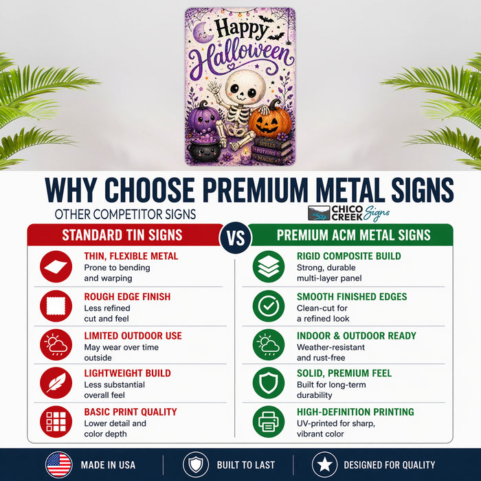 Happy Halloween Cute Skeleton Pumpkin metal sign with kawaii halloween style — Happy Halloween Cute Skeleton Pumpkin