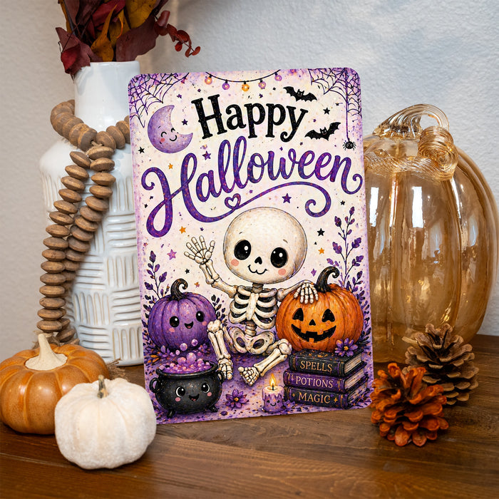 Happy Halloween Cute Skeleton Pumpkin metal sign with kawaii halloween style — Happy Halloween Cute Skeleton Pumpkin