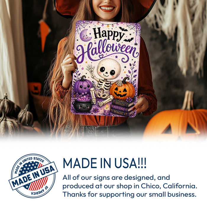 Happy Halloween Cute Skeleton Pumpkin metal sign with kawaii halloween style — Happy Halloween Cute Skeleton Pumpkin