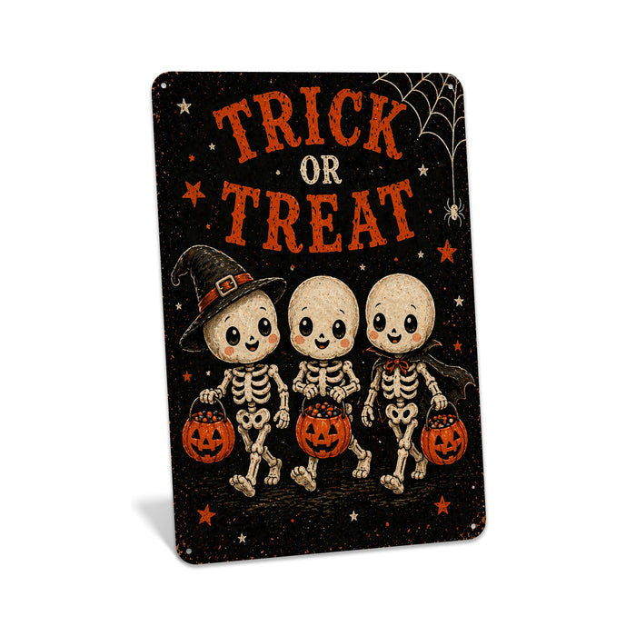 Trick or Treat Vintage Walking Skeletons metal sign with gothic halloween style — Trick or Treat Vintage Walking Skeletons
