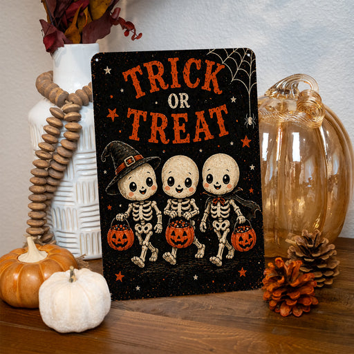 Trick or Treat Vintage Walking Skeletons metal sign with gothic halloween style — Trick or Treat Vintage Walking Skeletons