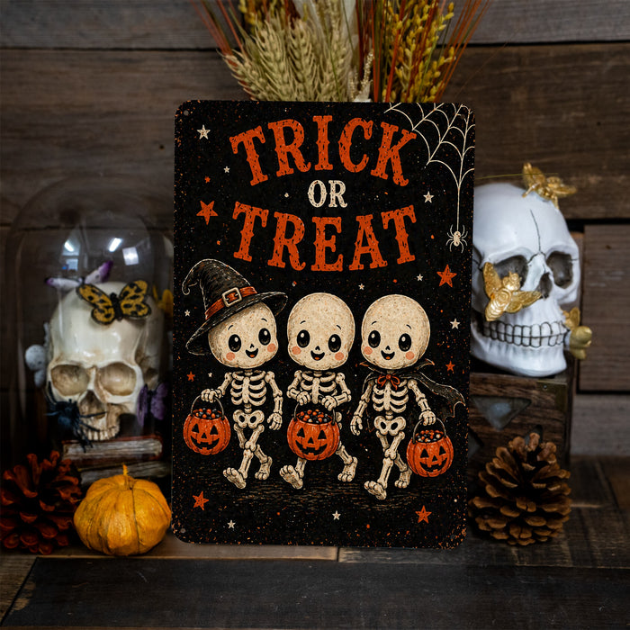 Trick or Treat Vintage Walking Skeletons metal sign with gothic halloween style — Trick or Treat Vintage Walking Skeletons