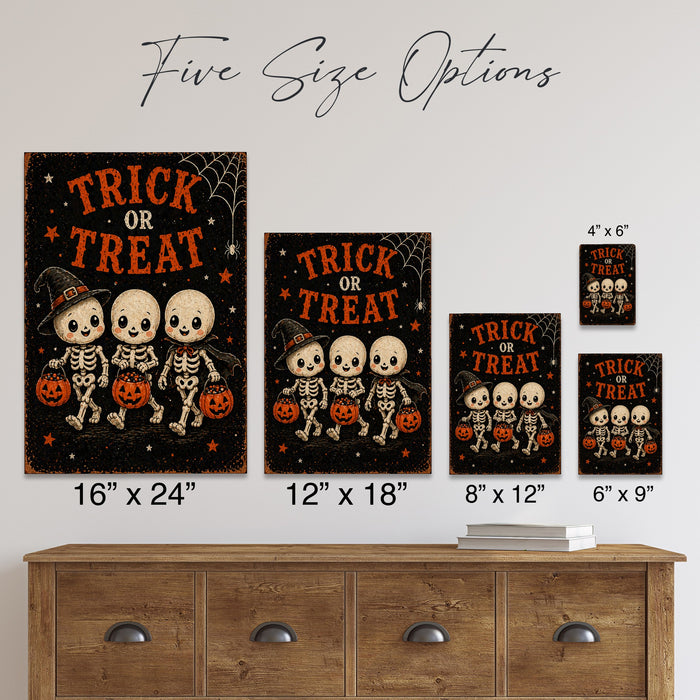 Trick or Treat Vintage Walking Skeletons metal sign with gothic halloween style — Trick or Treat Vintage Walking Skeletons