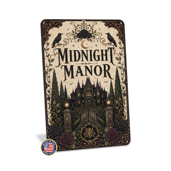 Midnight Manor Haunted Mansion metal sign with gothic halloween style — Midnight Manor Haunted Mansion