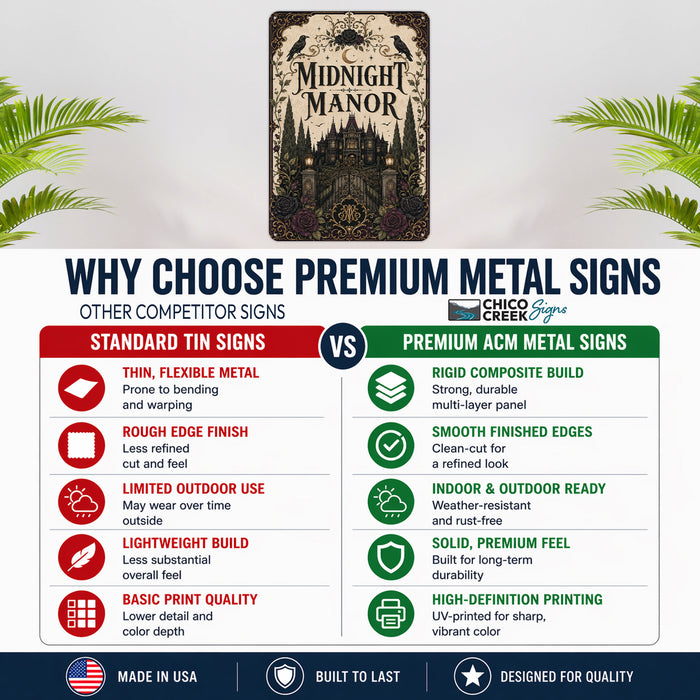 Midnight Manor Haunted Mansion metal sign with gothic halloween style — Midnight Manor Haunted Mansion