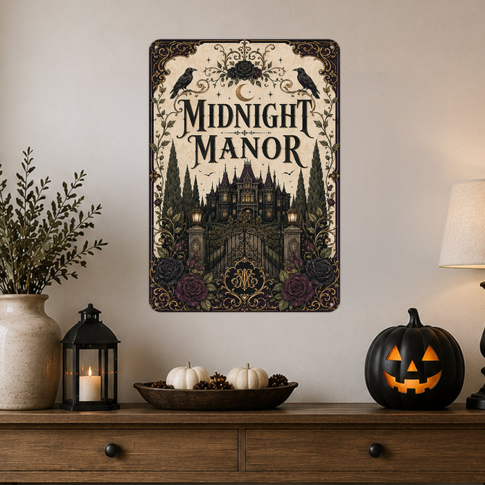 Midnight Manor Haunted Mansion metal sign with gothic halloween style — Midnight Manor Haunted Mansion