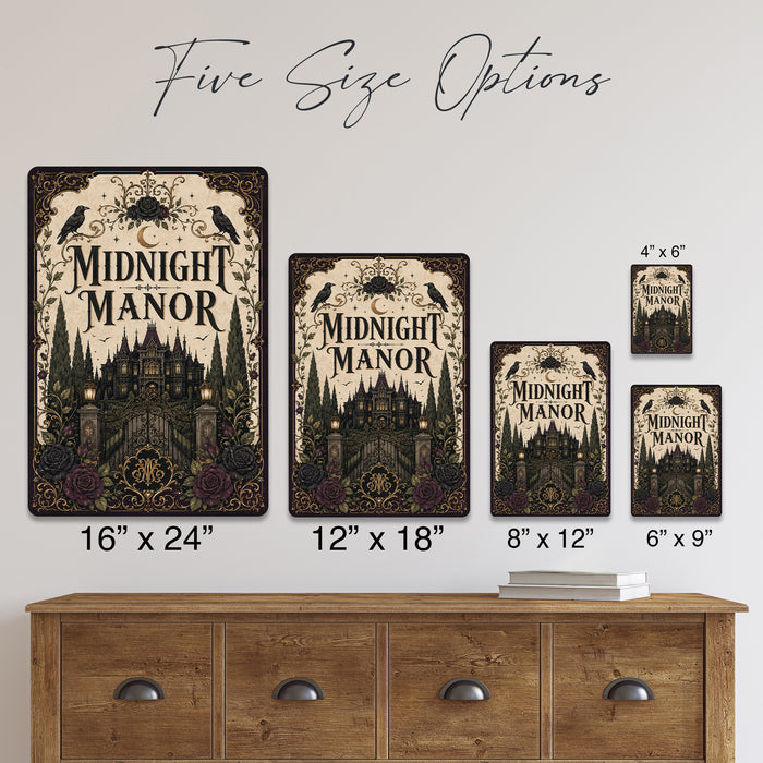 Midnight Manor Haunted Mansion metal sign with gothic halloween style — Midnight Manor Haunted Mansion