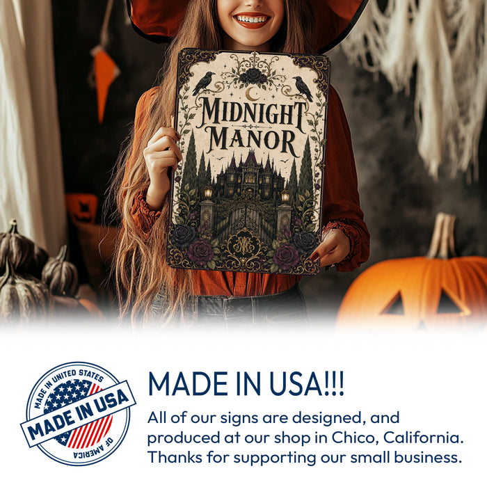 Midnight Manor Haunted Mansion metal sign with gothic halloween style — Midnight Manor Haunted Mansion