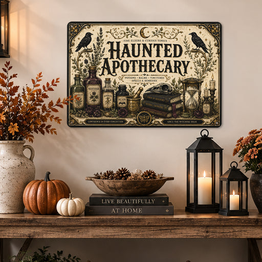 October Evenings Cottage Window metal sign with gothic halloween style — October Evenings Cottage Window