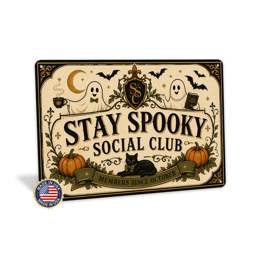 October on the Porch Vintage Cottage metal sign with retro humor halloween style — October on the Porch Vintage Cottage