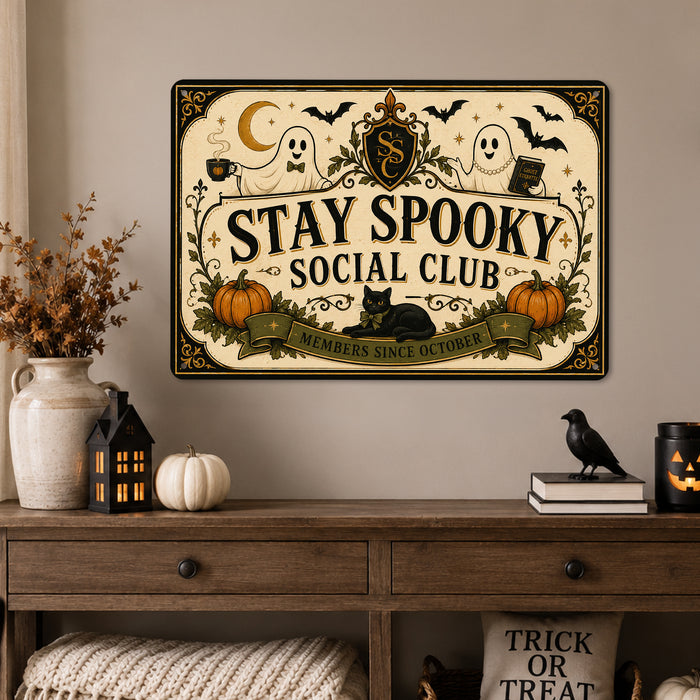 October on the Porch Vintage Cottage metal sign with retro humor halloween style — October on the Porch Vintage Cottage