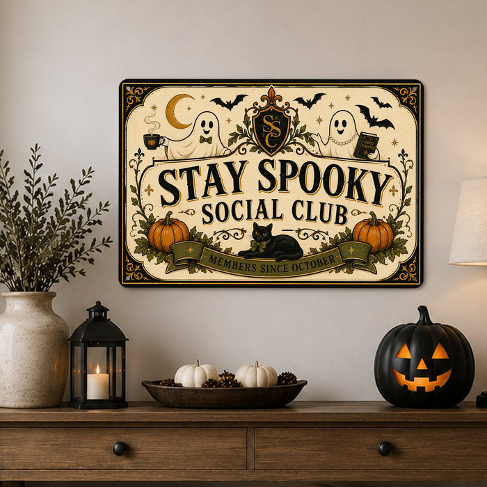 October on the Porch Vintage Cottage metal sign with retro humor halloween style — October on the Porch Vintage Cottage