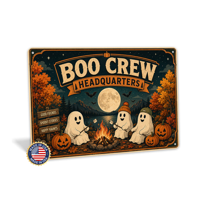 Boo Crew Headquarters Ghost Campfire metal sign with retro humor halloween style — Boo Crew Headquarters Ghost Campfire