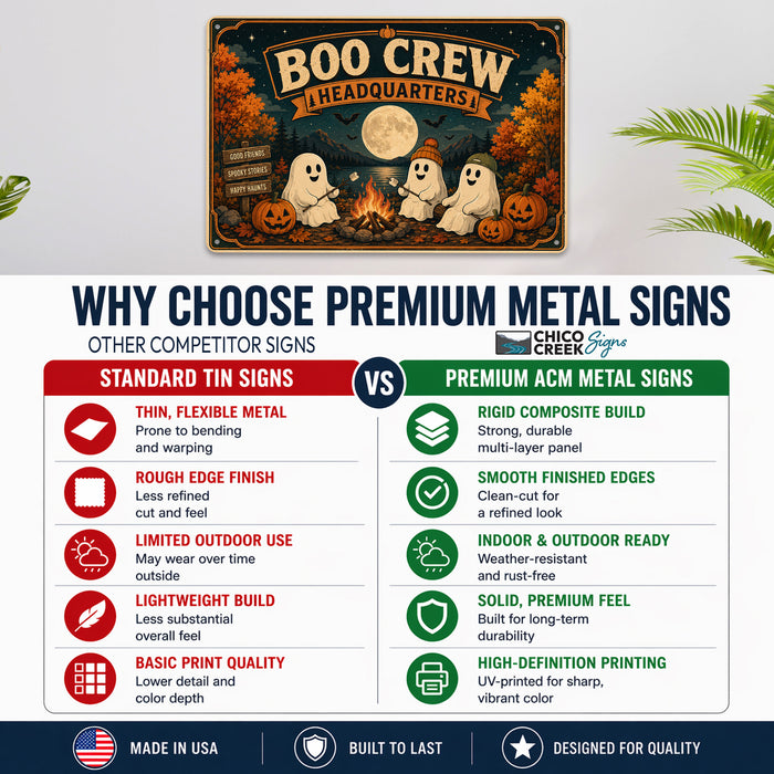 Boo Crew Headquarters Ghost Campfire metal sign with retro humor halloween style — Boo Crew Headquarters Ghost Campfire