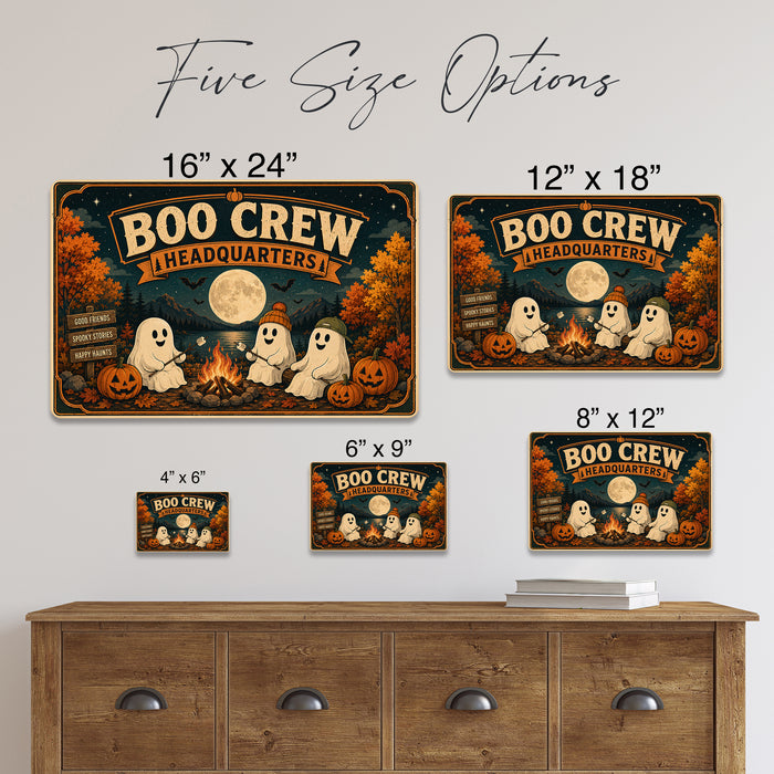 Boo Crew Headquarters Ghost Campfire metal sign with retro humor halloween style — Boo Crew Headquarters Ghost Campfire