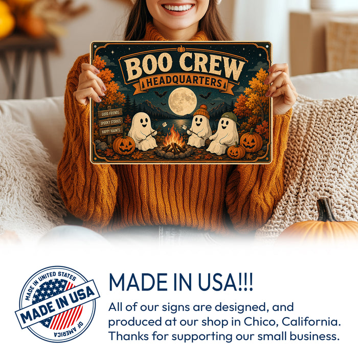 Boo Crew Headquarters Ghost Campfire metal sign with retro humor halloween style — Boo Crew Headquarters Ghost Campfire