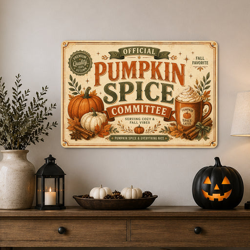 Official Pumpkin Spice Committee Fall Latte metal sign with retro humor halloween style — Official Pumpkin Spice Committee