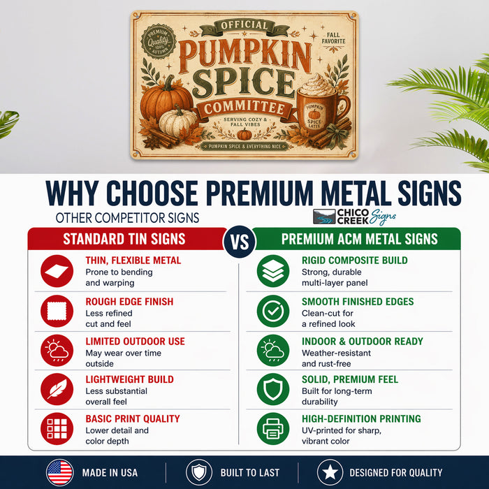 Official Pumpkin Spice Committee Fall Latte metal sign with retro humor halloween style — Official Pumpkin Spice Committee