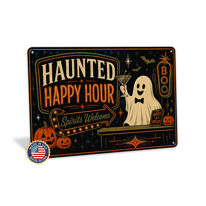 Haunted Happy Hour Ghost Martini Spirits metal sign with retro humor halloween style — Haunted Happy Hour Ghost Martini