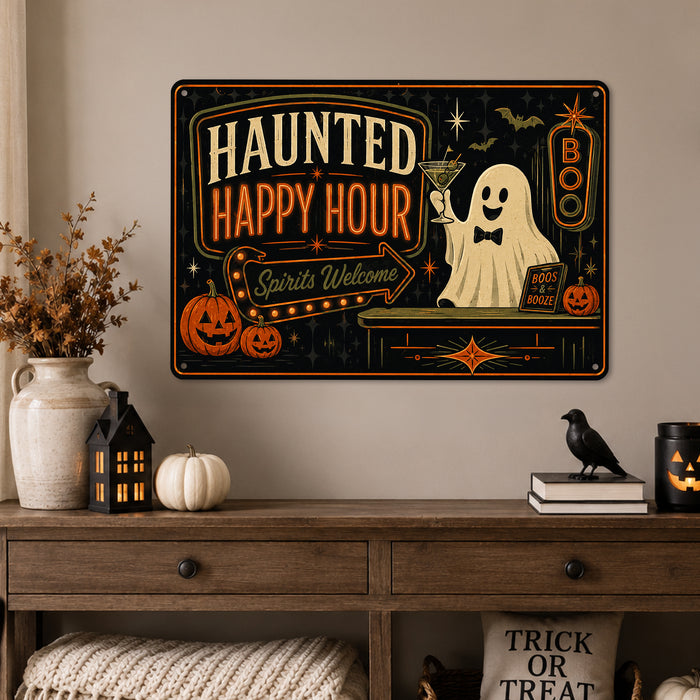Haunted Happy Hour Ghost Martini Spirits metal sign with retro humor halloween style — Haunted Happy Hour Ghost Martini