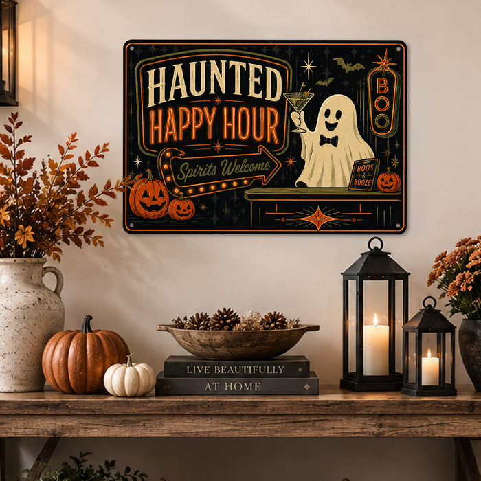Haunted Happy Hour Ghost Martini Spirits metal sign with retro humor halloween style — Haunted Happy Hour Ghost Martini