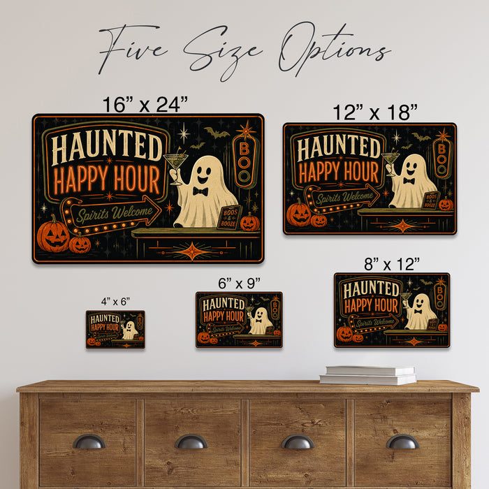 Haunted Happy Hour Ghost Martini Spirits metal sign with retro humor halloween style — Haunted Happy Hour Ghost Martini