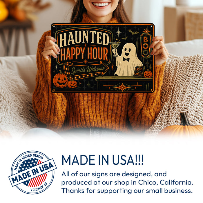 Haunted Happy Hour Ghost Martini Spirits metal sign with retro humor halloween style — Haunted Happy Hour Ghost Martini