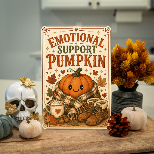 Emotional Support Pumpkin Kawaii Fall metal sign with retro humor halloween style — Emotional Support Pumpkin Kawaii Fall