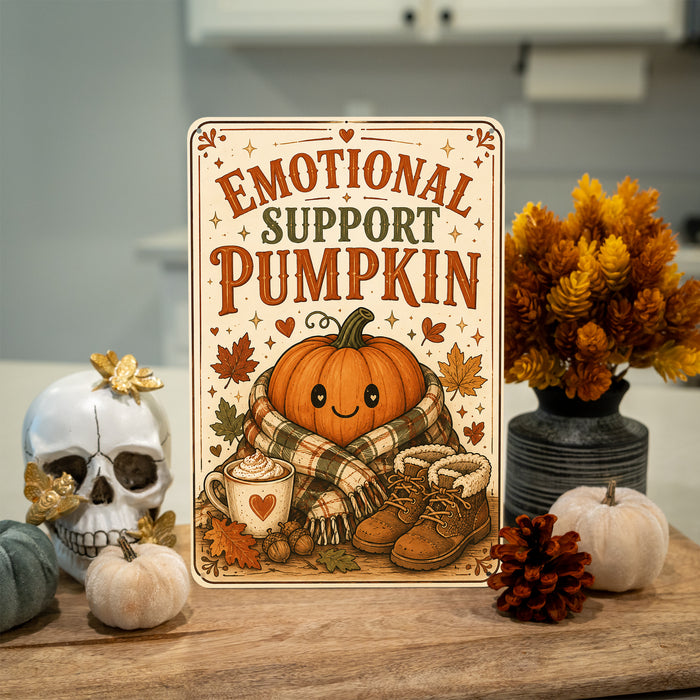 Emotional Support Pumpkin Kawaii Fall metal sign with retro humor halloween style — Emotional Support Pumpkin Kawaii Fall