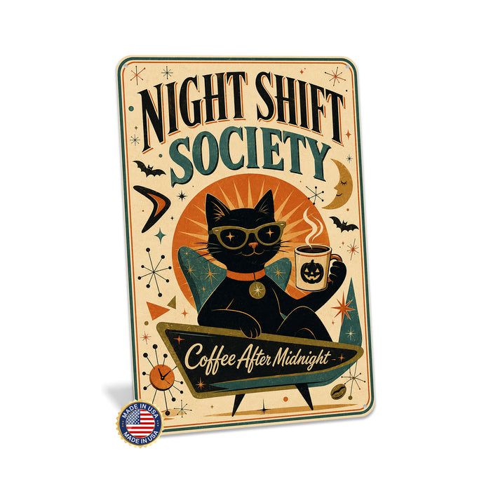 Night Shift Society Black Cat Coffee metal sign with retro humor halloween style — Night Shift Society Black Cat Coffee